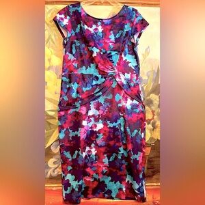 FAUX WRAP FLORAL DRESS VIBRANT HUES Sz L